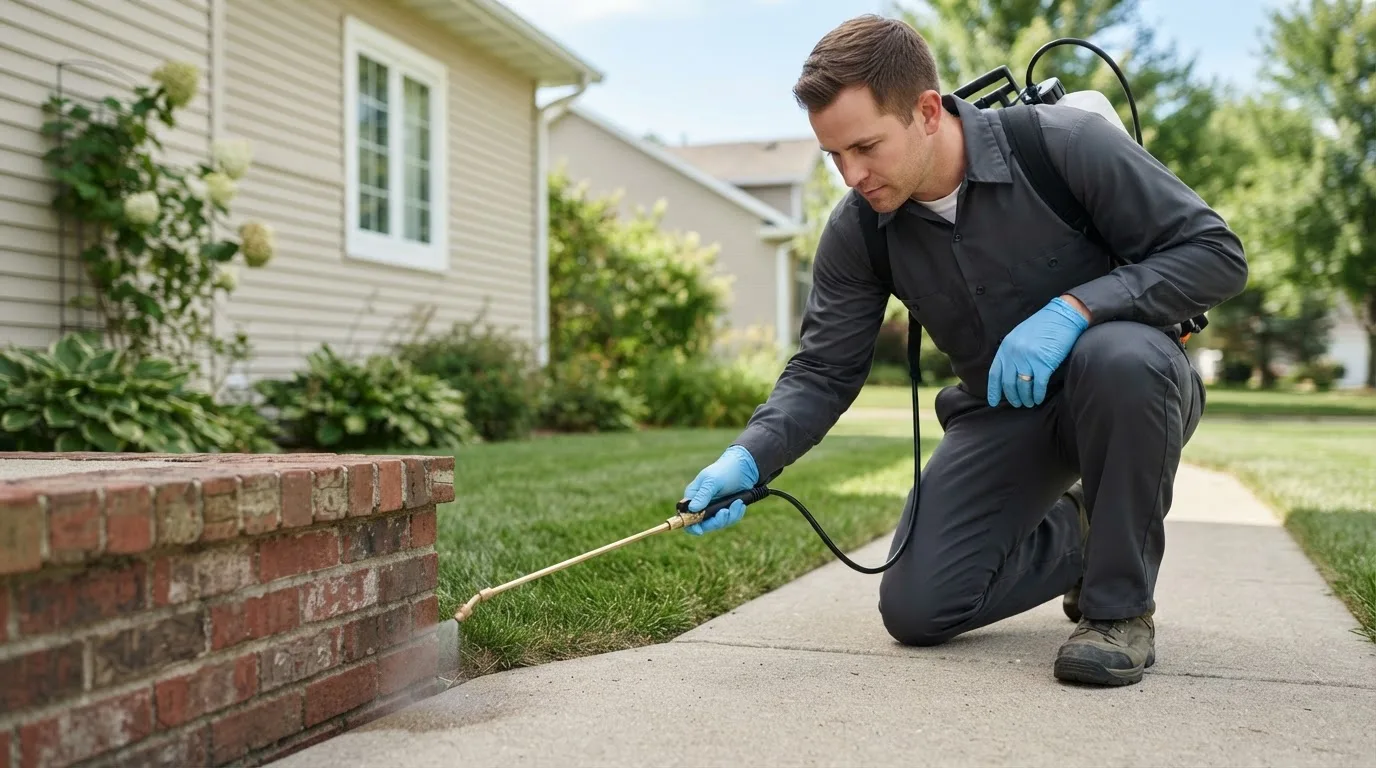 Pest control technician treating a home near Braman, OK