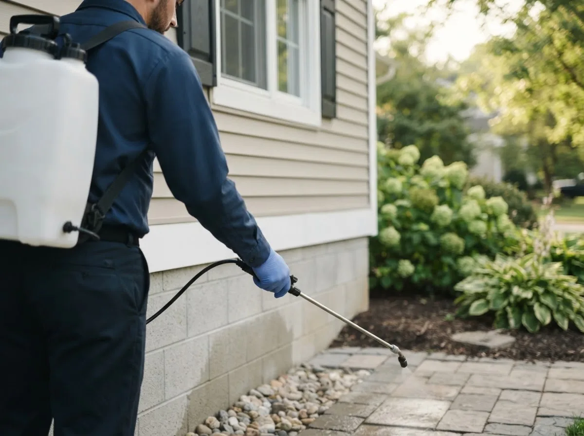 Pest control technician inspecting a home in Braman, OK